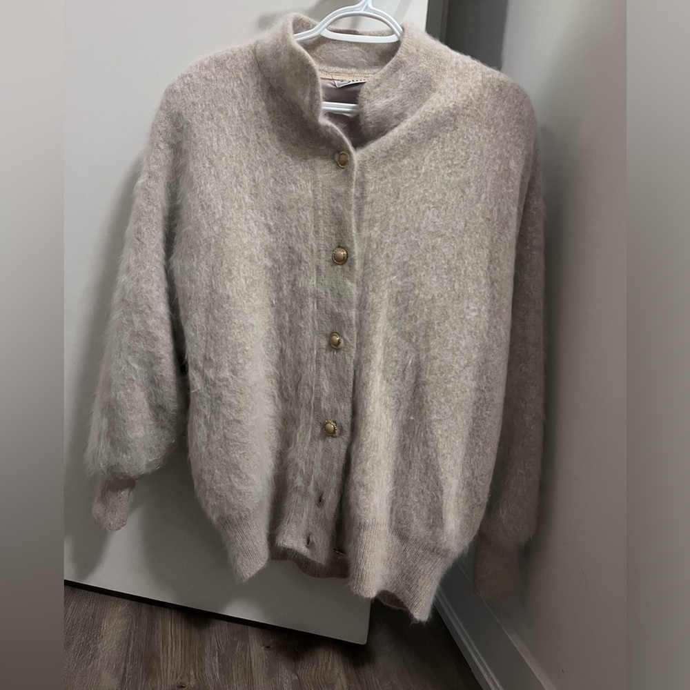 Vintage Angora Beige Button-Up Cardigan